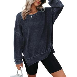 imageDokotoo Womens Oversized Waffle Knit Crewneck Sweatshirts Long Sleeve Side Slits Casual Pullover Sweatshirt TopsBlue