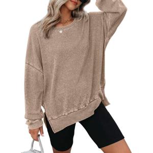 imageDokotoo Womens Oversized Waffle Knit Crewneck Sweatshirts Long Sleeve Side Slits Casual Pullover Sweatshirt TopsBrown