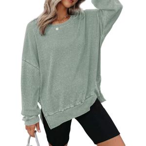 imageDokotoo Womens Oversized Waffle Knit Crewneck Sweatshirts Long Sleeve Side Slits Casual Pullover Sweatshirt TopsGreen
