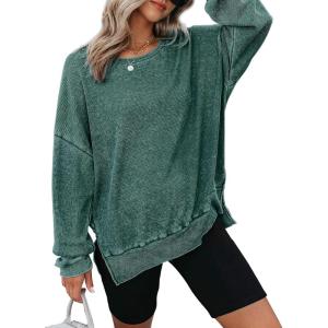 imageDokotoo Womens Oversized Waffle Knit Crewneck Sweatshirts Long Sleeve Side Slits Casual Pullover Sweatshirt TopsGreen 504