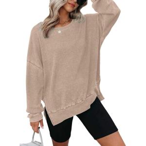 imageDokotoo Womens Oversized Waffle Knit Crewneck Sweatshirts Long Sleeve Side Slits Casual Pullover Sweatshirt TopsKhaki