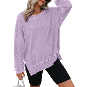 imageDokotoo Womens Oversized Waffle Knit Crewneck Sweatshirts Long Sleeve Side Slits Casual Pullover Sweatshirt TopsPurple