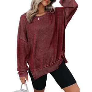 imageDokotoo Womens Oversized Waffle Knit Crewneck Sweatshirts Long Sleeve Side Slits Casual Pullover Sweatshirt TopsRed