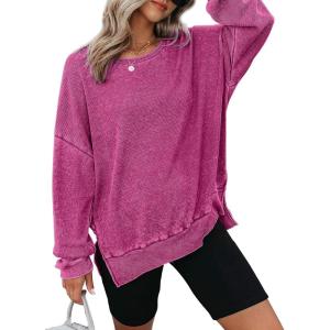 imageDokotoo Womens Oversized Waffle Knit Crewneck Sweatshirts Long Sleeve Side Slits Casual Pullover Sweatshirt TopsRosy