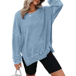 imageDokotoo Womens Oversized Waffle Knit Crewneck Sweatshirts Long Sleeve Side Slits Casual Pullover Sweatshirt TopsSky Blue 304