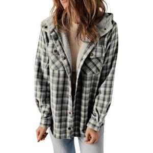 imageDokotoo Womens Plaid Shacket Jacket Long Sleeve Button Down Fleece Hooded Jackets Warm CoatBlack