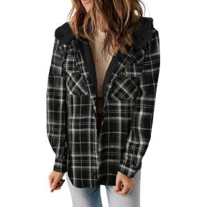 imageDokotoo Womens Plaid Shacket Jacket Long Sleeve Button Down Fleece Hooded Jackets Warm CoatBlack01
