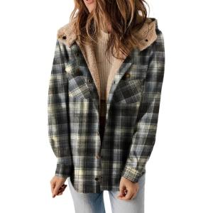 imageDokotoo Womens Plaid Shacket Jacket Long Sleeve Button Down Fleece Hooded Jackets Warm CoatBlack02