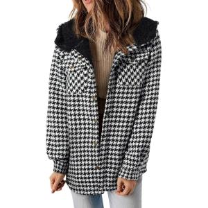 imageDokotoo Womens Plaid Shacket Jacket Long Sleeve Button Down Fleece Hooded Jackets Warm CoatBlack03