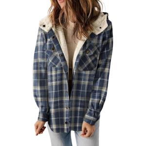 imageDokotoo Womens Plaid Shacket Jacket Long Sleeve Button Down Fleece Hooded Jackets Warm CoatBlue