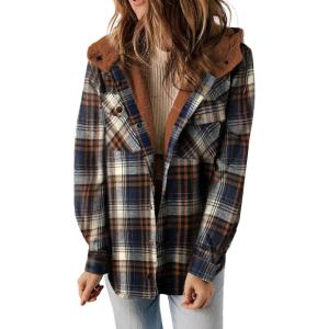 imageDokotoo Womens Plaid Shacket Jacket Long Sleeve Button Down Fleece Hooded Jackets Warm CoatBlue01