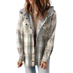 imageDokotoo Womens Plaid Shacket Jacket Long Sleeve Button Down Fleece Hooded Jackets Warm CoatGray