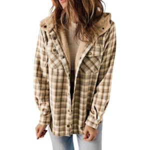 imageDokotoo Womens Plaid Shacket Jacket Long Sleeve Button Down Fleece Hooded Jackets Warm CoatKhaki