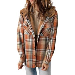 imageDokotoo Womens Plaid Shacket Jacket Long Sleeve Button Down Fleece Hooded Jackets Warm CoatOrange
