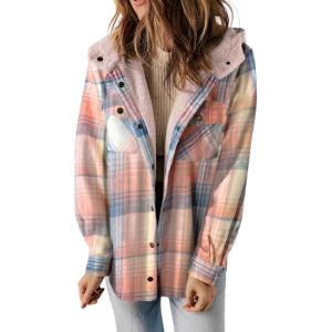 imageDokotoo Womens Plaid Shacket Jacket Long Sleeve Button Down Fleece Hooded Jackets Warm CoatPink