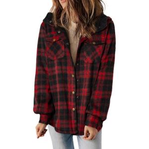 imageDokotoo Womens Plaid Shacket Jacket Long Sleeve Button Down Fleece Hooded Jackets Warm CoatRed01
