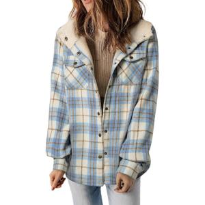 imageDokotoo Womens Plaid Shacket Jacket Long Sleeve Button Down Fleece Hooded Jackets Warm CoatSky Blue