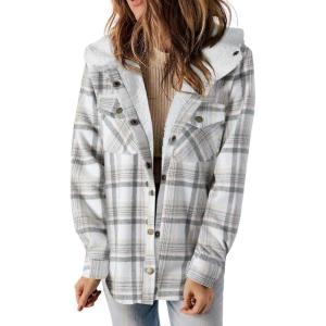 imageDokotoo Womens Plaid Shacket Jacket Long Sleeve Button Down Fleece Hooded Jackets Warm CoatWhite