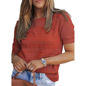 imageDokotoo Womens Short Sleeve Sweaters Summer 2025 Round Neck Pullover Sweater Crochet TopsA Red