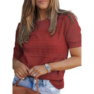 imageDokotoo Womens Short Sleeve Sweaters Summer 2025 Round Neck Pullover Sweater Crochet TopsA Wine