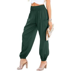imageDokotoo Womens Summer Boho Business Casual Smocked 2025 High Waisted Cargo Summer Long Elephant Pants with PocketsBlackish Green