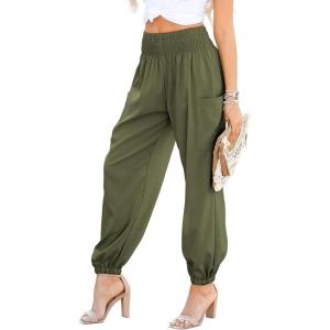 imageDokotoo Womens Summer Boho Business Casual Smocked 2025 High Waisted Cargo Summer Long Elephant Pants with PocketsJungle Green