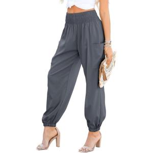 imageDokotoo Womens Summer Boho Business Casual Smocked 2025 High Waisted Cargo Summer Long Elephant Pants with PocketsMedium Grey