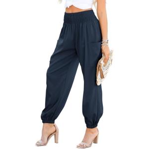 imageDokotoo Womens Summer Boho Business Casual Smocked 2025 High Waisted Cargo Summer Long Elephant Pants with PocketsNavy Blue