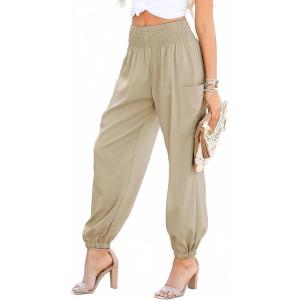 imageDokotoo Womens Summer Boho Business Casual Smocked 2025 High Waisted Cargo Summer Long Elephant Pants with PocketsPale Khaki