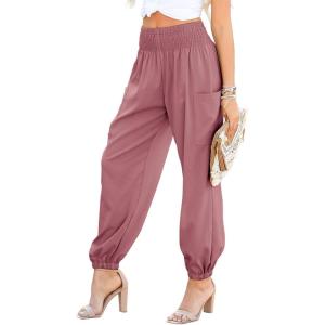 imageDokotoo Womens Summer Boho Business Casual Smocked 2025 High Waisted Cargo Summer Long Elephant Pants with PocketsRose Tan