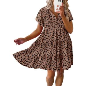 imageDokotoo Womens Summer Casual Boho Floral Dresses V Neck Short Sleeve Sundresses Flowy Swing ALine Mini DressBrown