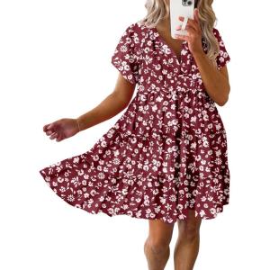 imageDokotoo Womens Summer Casual Boho Floral Dresses V Neck Short Sleeve Sundresses Flowy Swing ALine Mini DressDark Red