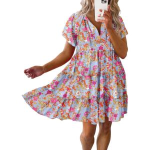 imageDokotoo Womens Summer Casual Boho Floral Dresses V Neck Short Sleeve Sundresses Flowy Swing ALine Mini DressHot Pink