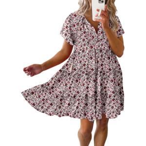 imageDokotoo Womens Summer Casual Boho Floral Dresses V Neck Short Sleeve Sundresses Flowy Swing ALine Mini DressKhaki