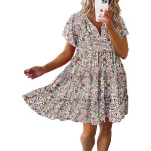 imageDokotoo Womens Summer Casual Boho Floral Dresses V Neck Short Sleeve Sundresses Flowy Swing ALine Mini DressMulticolored