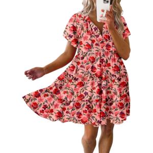 imageDokotoo Womens Summer Casual Boho Floral Dresses V Neck Short Sleeve Sundresses Flowy Swing ALine Mini DressRed