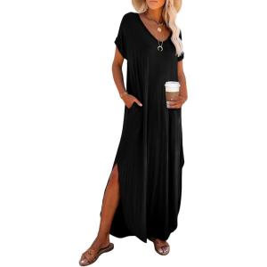 imageDokotoo Womens Summer Dresses 2025 Short Sleeve Long T Shirt Dress Split Maxi Dress Beach Sundresses with PocketsBlack
