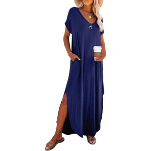 imageDokotoo Womens Summer Dresses 2025 Short Sleeve Long T Shirt Dress Split Maxi Dress Beach Sundresses with PocketsDark Blue