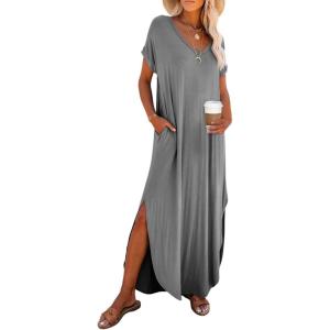 imageDokotoo Womens Summer Dresses 2025 Short Sleeve Long T Shirt Dress Split Maxi Dress Beach Sundresses with PocketsGrey