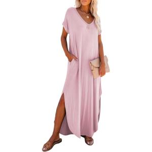 imageDokotoo Womens Summer Dresses 2025 Short Sleeve Long T Shirt Dress Split Maxi Dress Beach Sundresses with PocketsPink