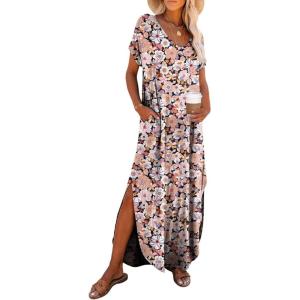 imageDokotoo Womens Summer Dresses 2025 Short Sleeve Long T Shirt Dress Split Maxi Dress Beach Sundresses with PocketsPrintblack