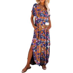 imageDokotoo Womens Summer Dresses 2025 Short Sleeve Long T Shirt Dress Split Maxi Dress Beach Sundresses with PocketsPrintblue