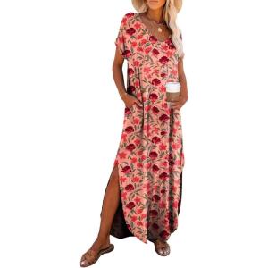 imageDokotoo Womens Summer Dresses 2025 Short Sleeve Long T Shirt Dress Split Maxi Dress Beach Sundresses with PocketsPrintpink