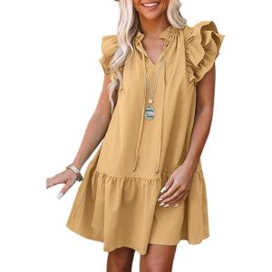 imageDokotoo Womens Summer Dresses 2025 VNeck Drawstring Ruffle Cap Short Sleeve Side Pockets Mini Dress SundressKhaki