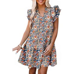 imageDokotoo Womens Summer Dresses 2025 VNeck Drawstring Ruffle Cap Short Sleeve Side Pockets Mini Dress SundressMulticolor 3