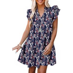 imageDokotoo Womens Summer Dresses 2025 VNeck Drawstring Ruffle Cap Short Sleeve Side Pockets Mini Dress SundressMulticolor 4
