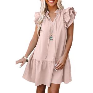 imageDokotoo Womens Summer Dresses 2025 VNeck Drawstring Ruffle Cap Short Sleeve Side Pockets Mini Dress SundressPink