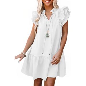 imageDokotoo Womens Summer Dresses 2025 VNeck Drawstring Ruffle Cap Short Sleeve Side Pockets Mini Dress SundressWhite