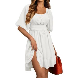 imageDokotoo Womens Summer Dresses Square Neck Tie Back Lantern Sleeve Ruffle ALine Casual Dress11 White