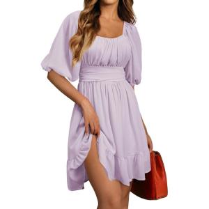 imageDokotoo Womens Summer Dresses Square Neck Tie Back Lantern Sleeve Ruffle ALine Casual Dress3 Light Purple